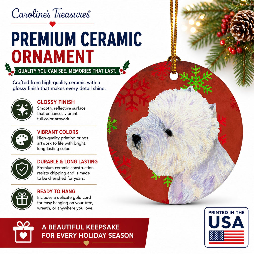 Westie Red and Green Snowflakes Holiday Christmas Ceramic Ornament Christmas Tree Hanging Decorations for Home Christmas Holiday, Party, Gift, 3 in, Multicolor