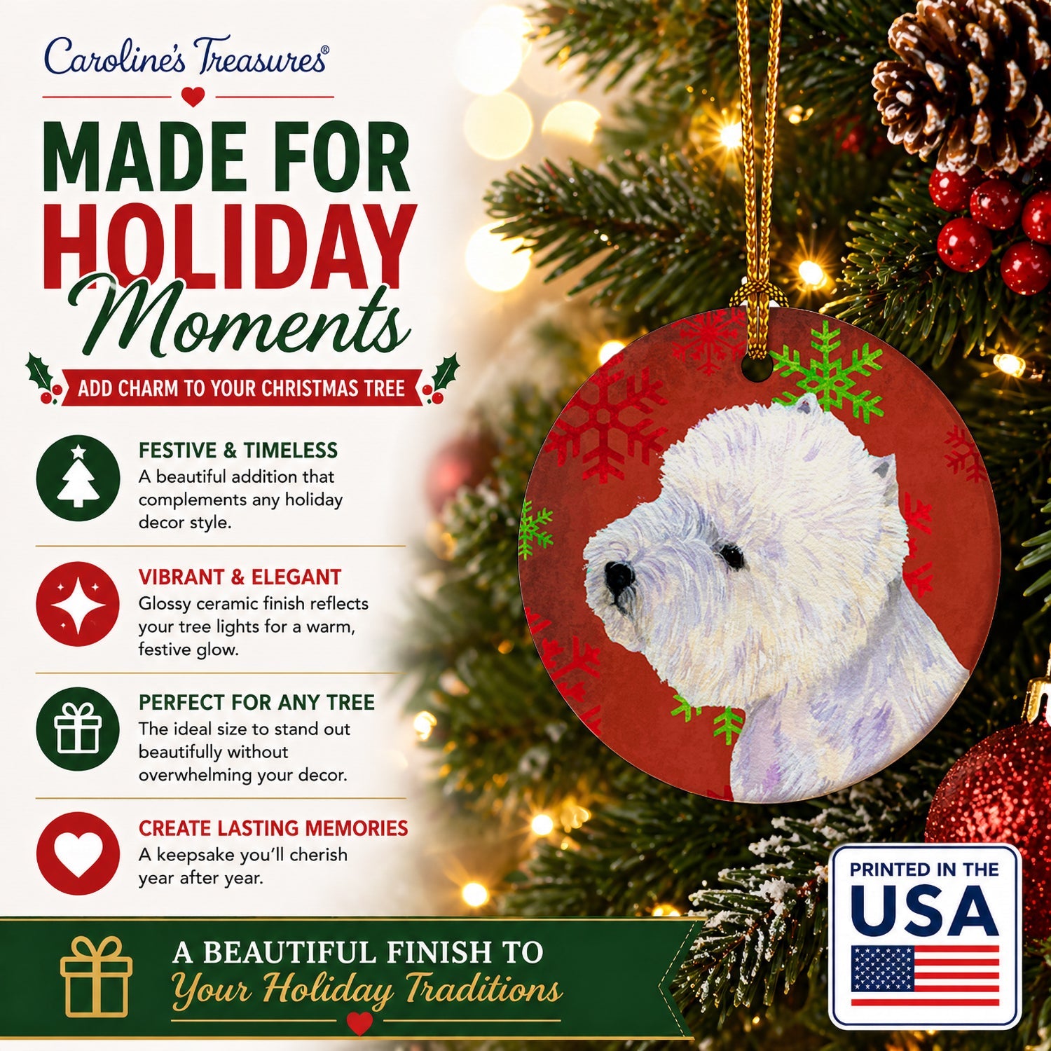 Westie Red and Green Snowflakes Holiday Christmas Ceramic Ornament Christmas Tree Hanging Decorations for Home Christmas Holiday, Party, Gift, 3 in, Multicolor