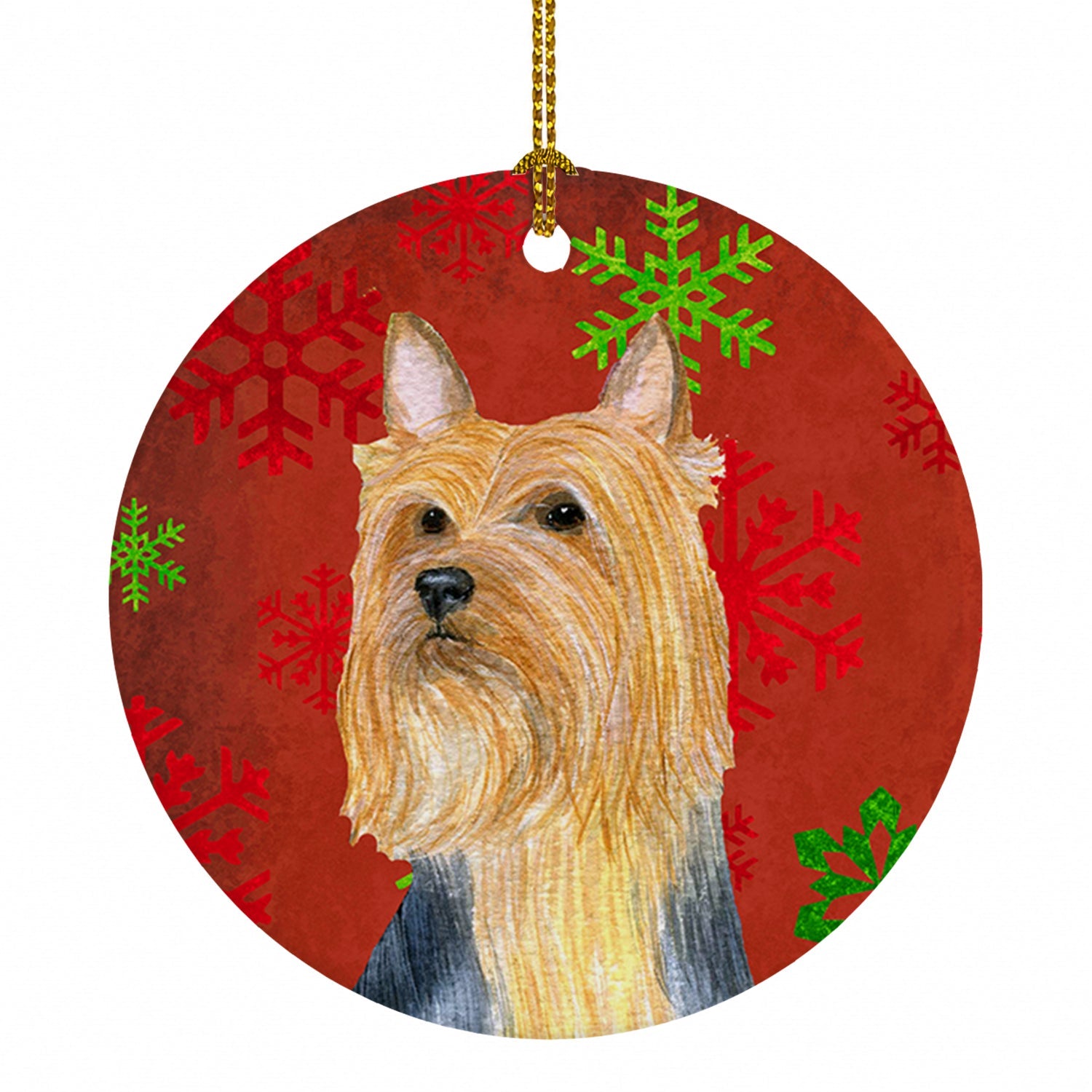 Silky Terrier Red Green Snowflake Holiday Christmas Ceramic Ornament Christmas Tree Hanging Decorations for Home Christmas Holiday, Party, Gift, 3 in, Multicolor