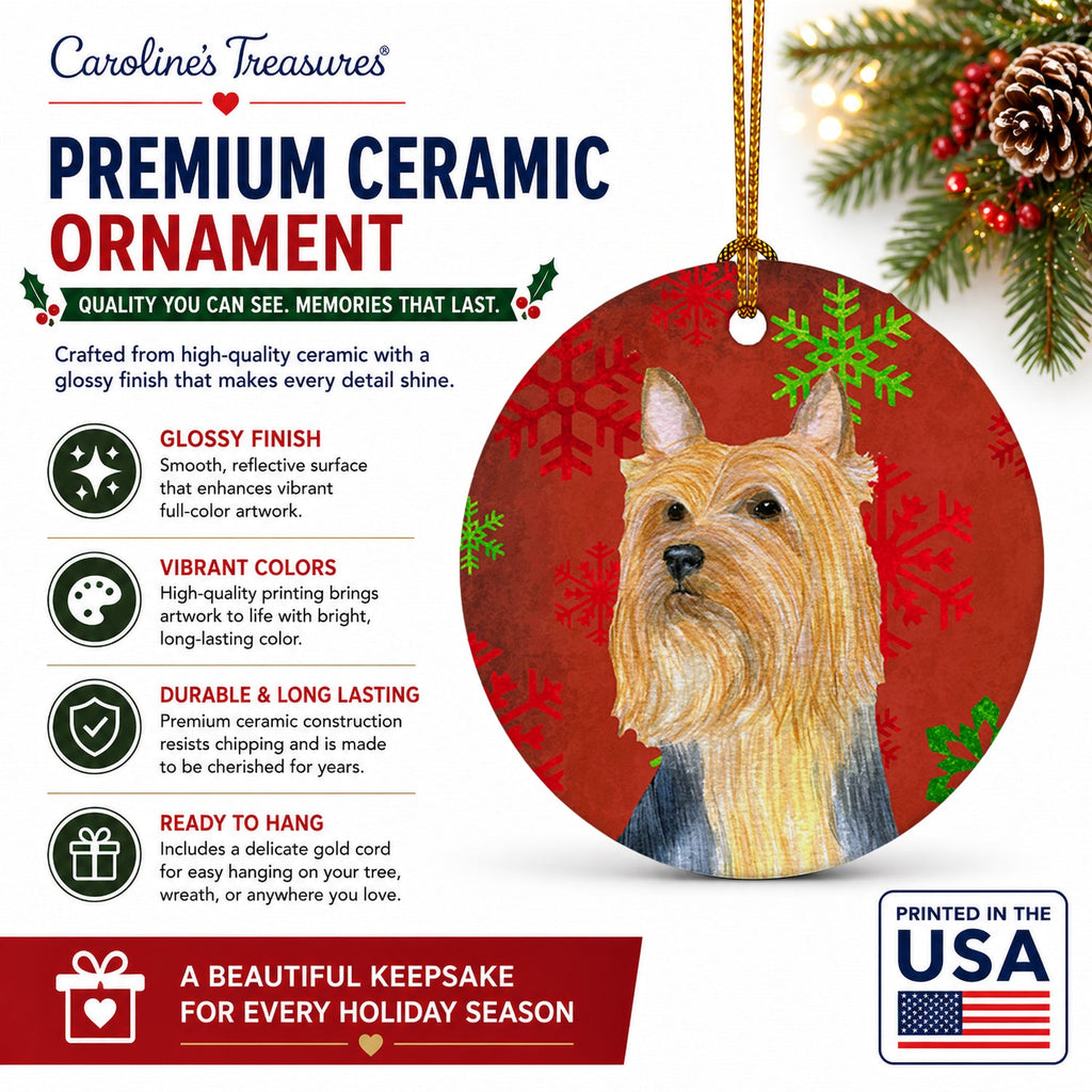 Silky Terrier Red Green Snowflake Holiday Christmas Ceramic Ornament Christmas Tree Hanging Decorations for Home Christmas Holiday, Party, Gift, 3 in, Multicolor