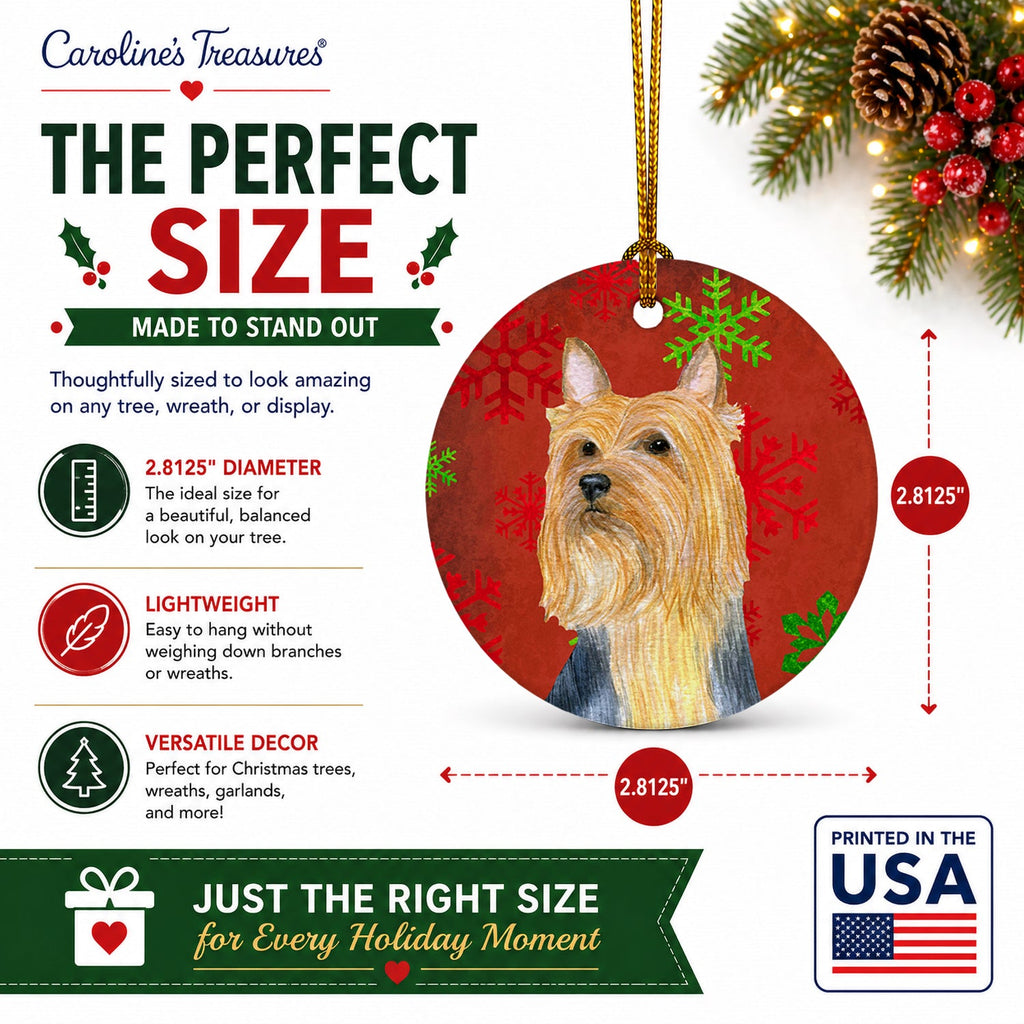 Silky Terrier Red Green Snowflake Holiday Christmas Ceramic Ornament Christmas Tree Hanging Decorations for Home Christmas Holiday, Party, Gift, 3 in, Multicolor