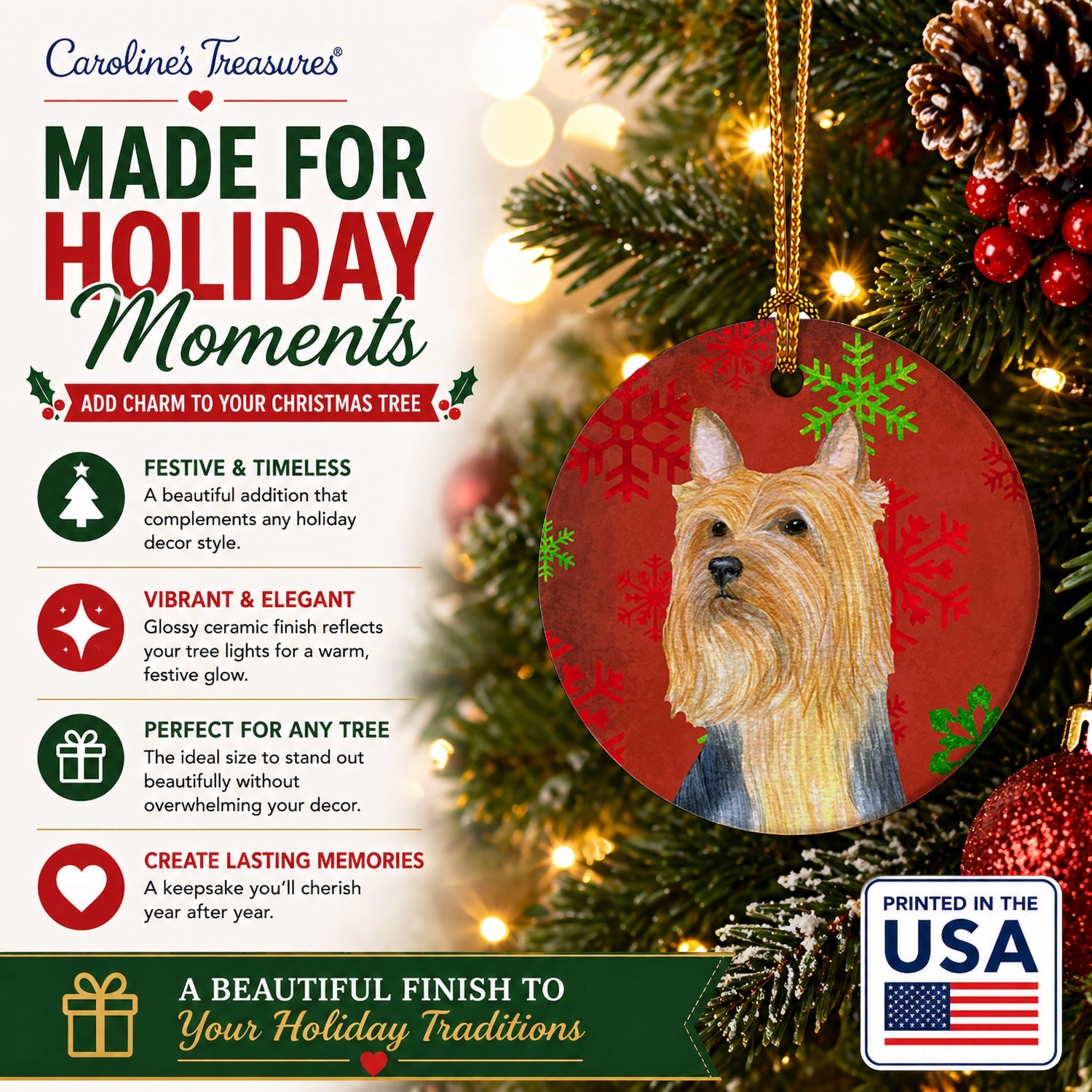 Silky Terrier Red Green Snowflake Holiday Christmas Ceramic Ornament Christmas Tree Hanging Decorations for Home Christmas Holiday, Party, Gift, 3 in, Multicolor