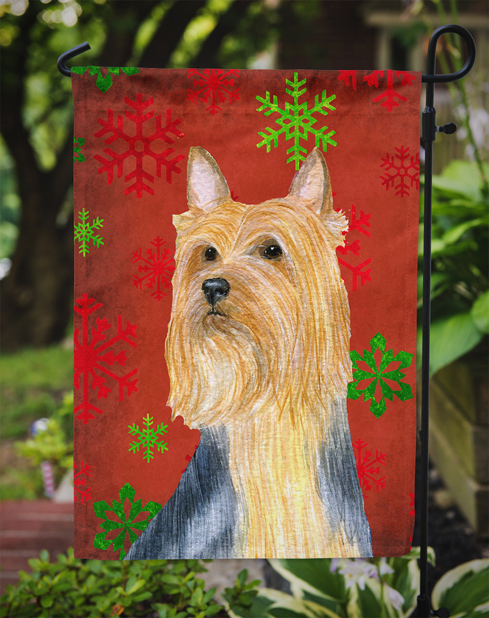 Silky Terrier Red Green Snowflake Holiday Christmas Garden Flag Mailbox Decorative Yard Banner Outside Patio Artwork for Flower Beds, Garden Size, Multicolor