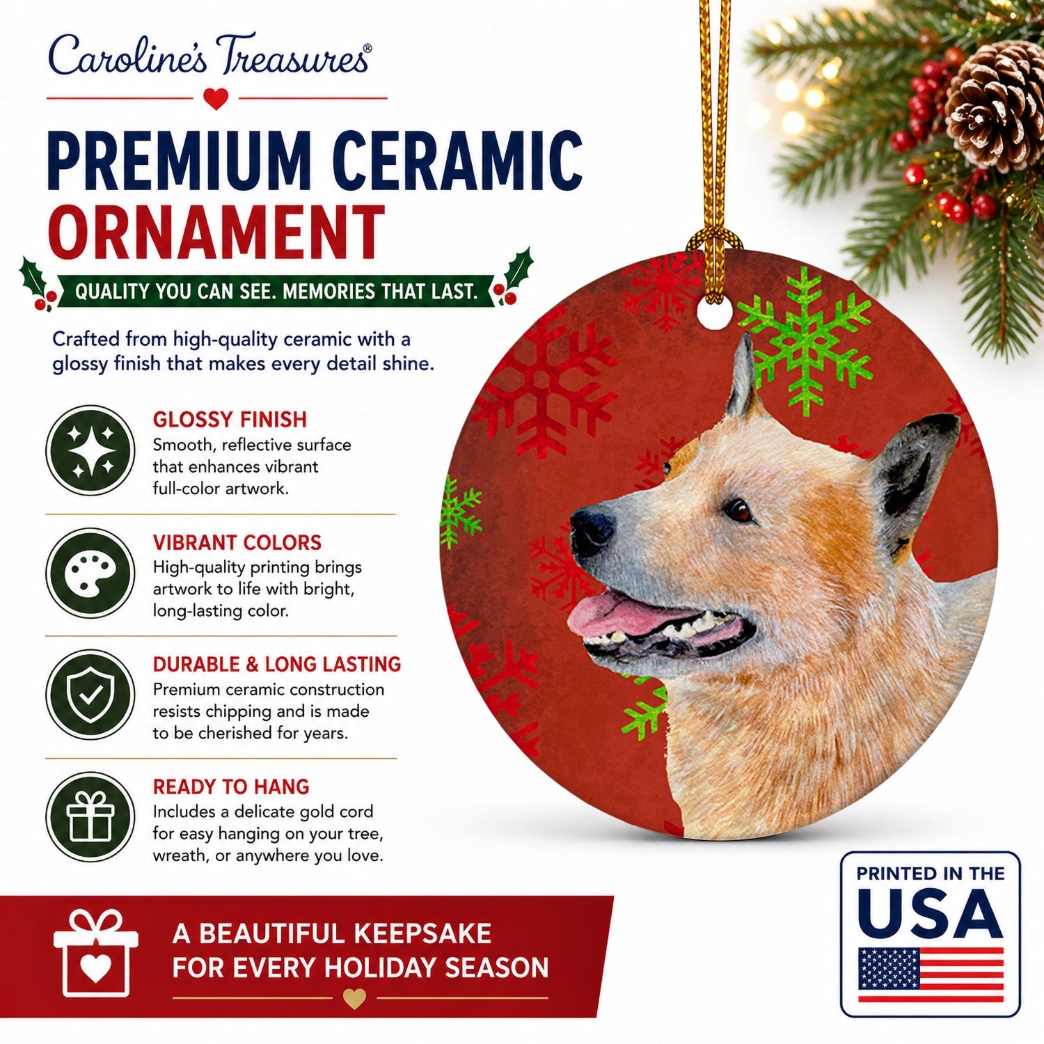 Australian Cattle Dog Red Green Snowflakes Christmas Ceramic Ornament Christmas Tree Hanging Decorations for Home Christmas Holiday, Party, Gift, 3 in, Multicolor