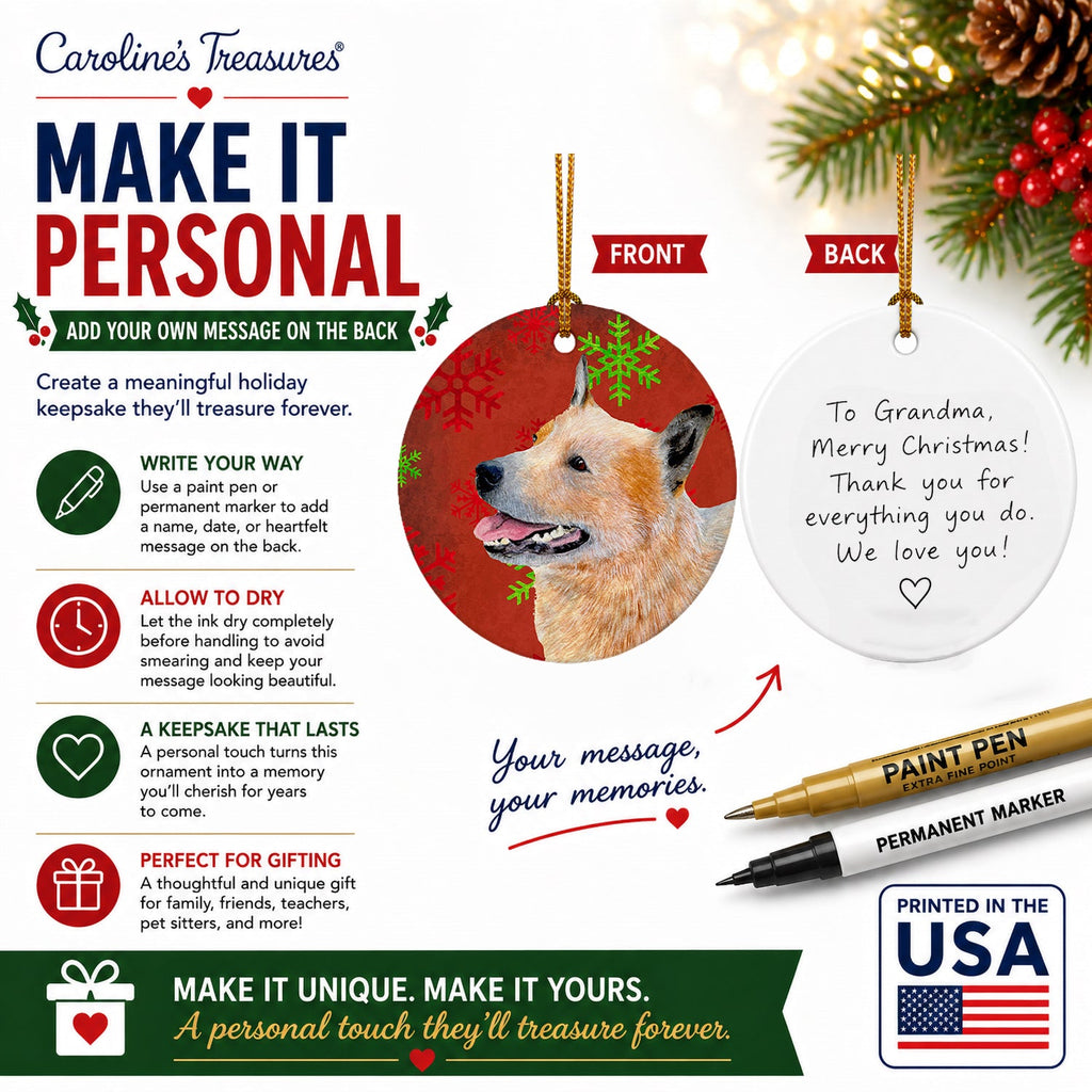 Australian Cattle Dog Red Green Snowflakes Christmas Ceramic Ornament Christmas Tree Hanging Decorations for Home Christmas Holiday, Party, Gift, 3 in, Multicolor