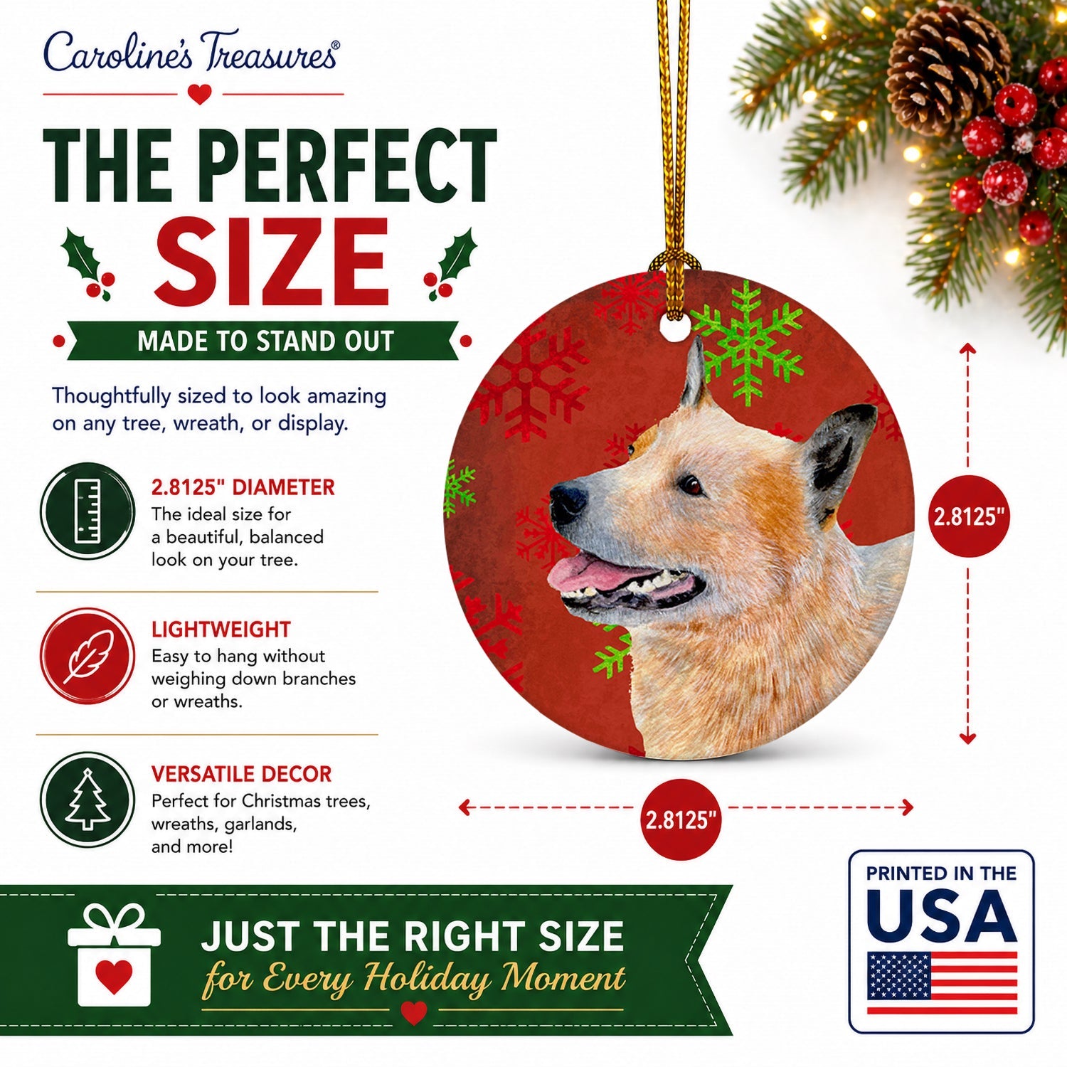Australian Cattle Dog Red Green Snowflakes Christmas Ceramic Ornament Christmas Tree Hanging Decorations for Home Christmas Holiday, Party, Gift, 3 in, Multicolor
