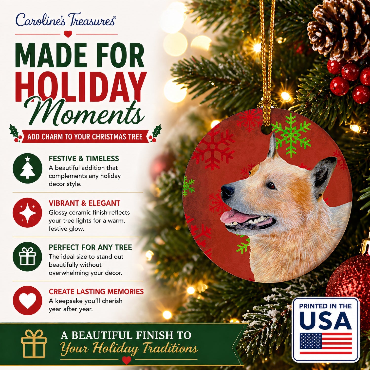Australian Cattle Dog Red Green Snowflakes Christmas Ceramic Ornament Christmas Tree Hanging Decorations for Home Christmas Holiday, Party, Gift, 3 in, Multicolor