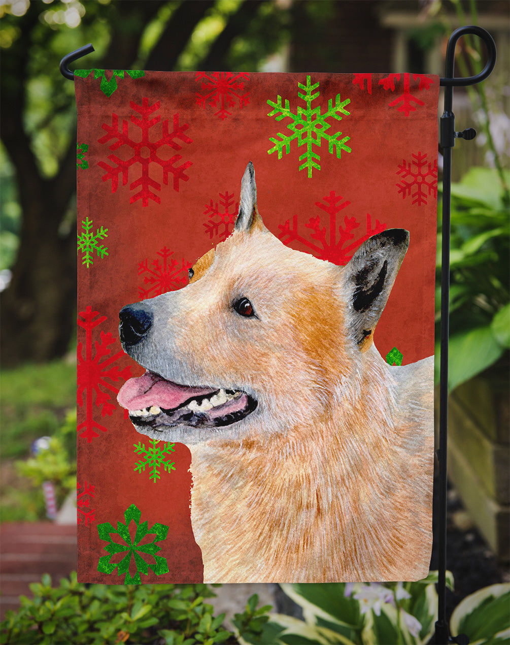 Australian Cattle Dog Red Green Snowflakes Christmas Garden Flag Mailbox Decorative Yard Banner Outside Patio Artwork for Flower Beds, Garden Size, Multicolor