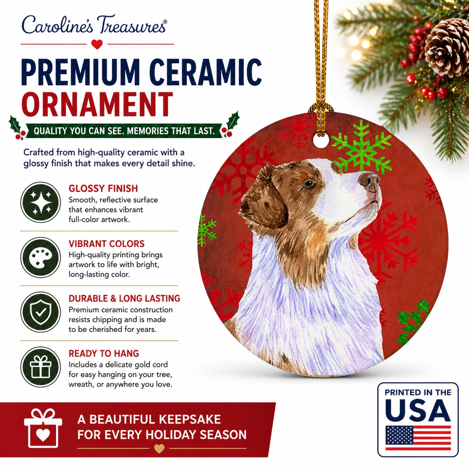 Australian Shepherd Red Green Snowflakes Christmas Ceramic Ornament Christmas Tree Hanging Decorations for Home Christmas Holiday, Party, Gift, 3 in, Multicolor