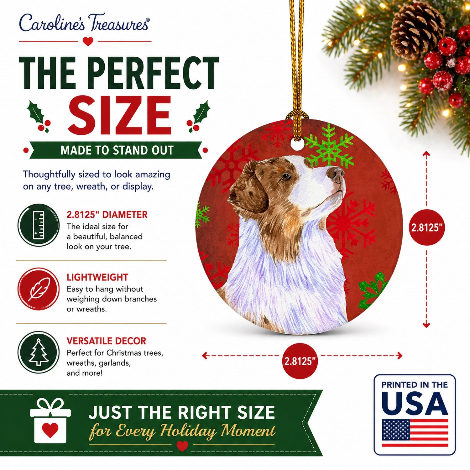 Australian Shepherd Red Green Snowflakes Christmas Ceramic Ornament Christmas Tree Hanging Decorations for Home Christmas Holiday, Party, Gift, 3 in, Multicolor