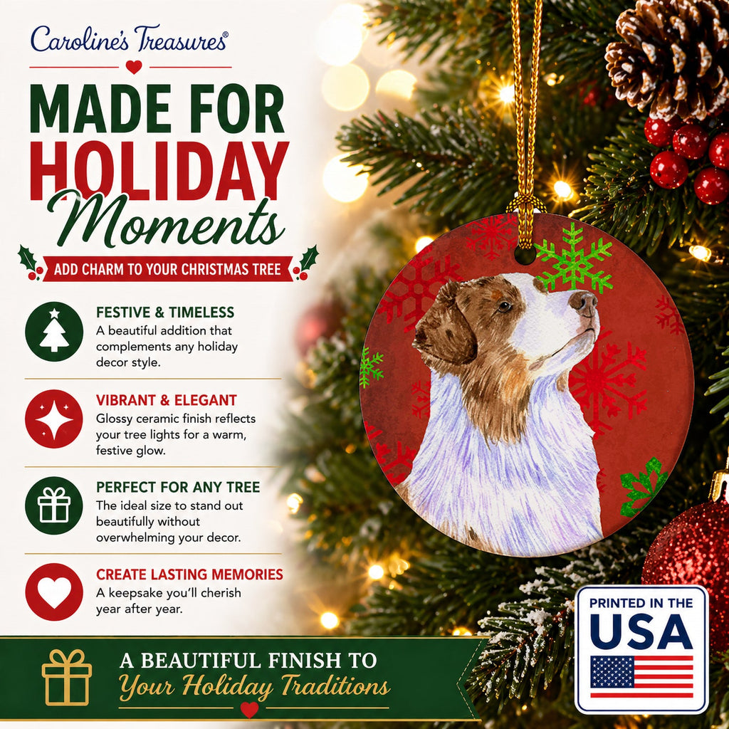 Australian Shepherd Red Green Snowflakes Christmas Ceramic Ornament Christmas Tree Hanging Decorations for Home Christmas Holiday, Party, Gift, 3 in, Multicolor