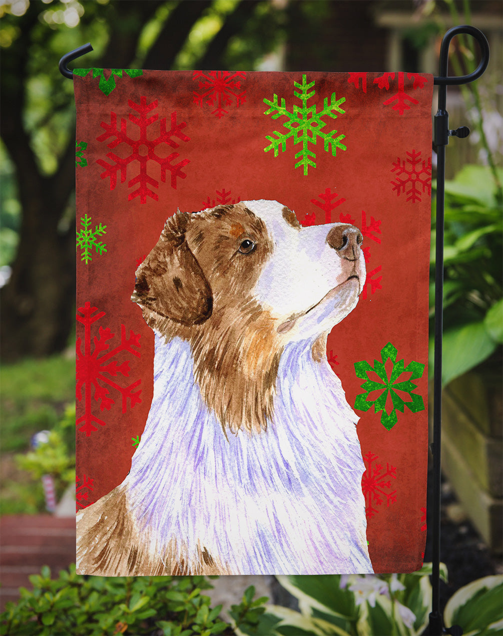 Australian Shepherd Red Green Snowflakes Christmas Garden Flag Mailbox Decorative Yard Banner Outside Patio Artwork for Flower Beds, Garden Size, Multicolor