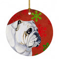 Bulldog English Red and Green Snowflakes Holiday Christmas Ceramic Ornament Christmas Tree Hanging Decorations for Home Christmas Holiday, Party, Gift, 3 in, Multicolor