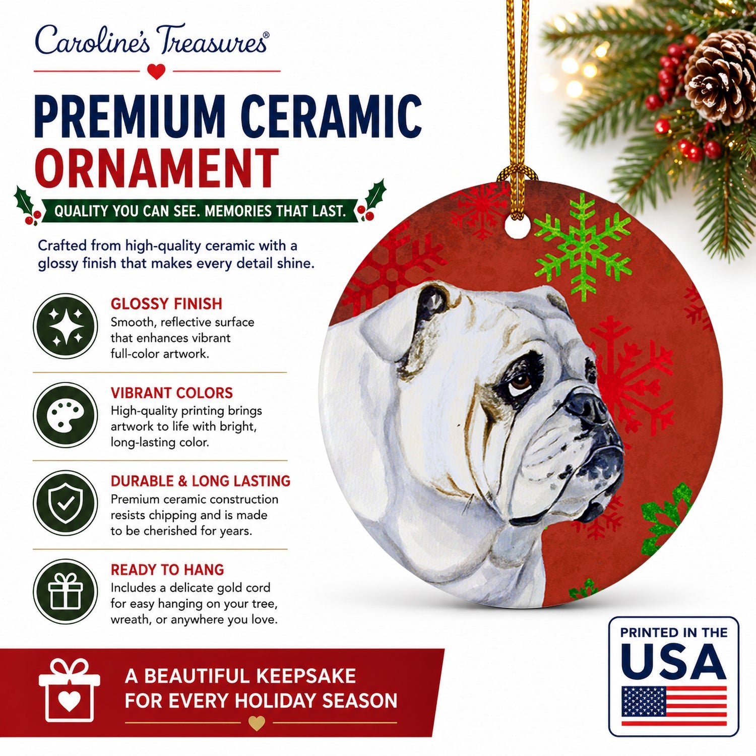 Bulldog English Red and Green Snowflakes Holiday Christmas Ceramic Ornament Christmas Tree Hanging Decorations for Home Christmas Holiday, Party, Gift, 3 in, Multicolor