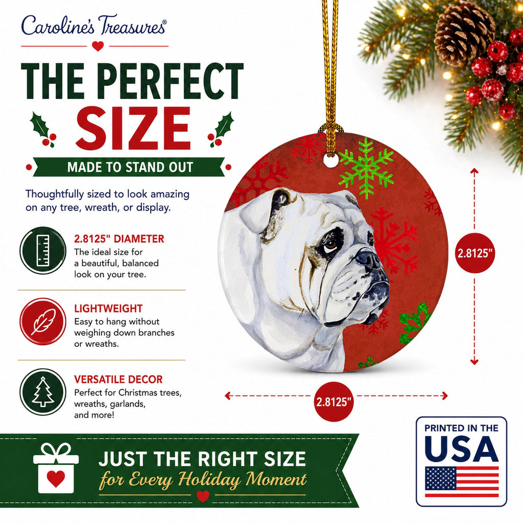 Bulldog English Red and Green Snowflakes Holiday Christmas Ceramic Ornament Christmas Tree Hanging Decorations for Home Christmas Holiday, Party, Gift, 3 in, Multicolor