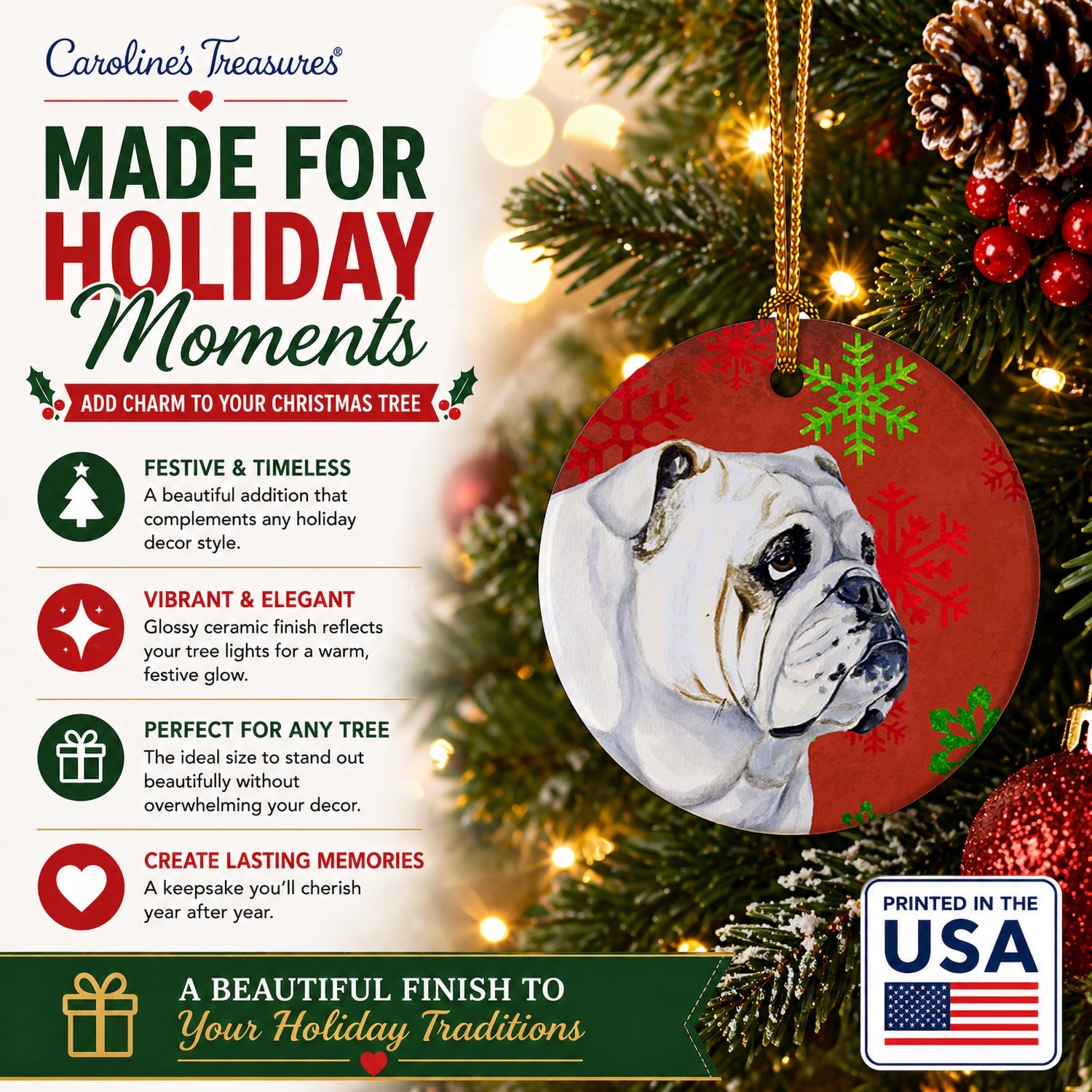 Bulldog English Red and Green Snowflakes Holiday Christmas Ceramic Ornament Christmas Tree Hanging Decorations for Home Christmas Holiday, Party, Gift, 3 in, Multicolor