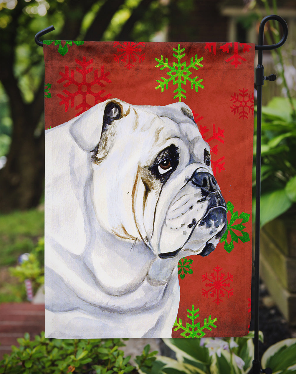 Bulldog English Red and Green Snowflakes Holiday Christmas Garden Flag Mailbox Decorative Yard Banner Outside Patio Artwork for Flower Beds, Garden Size, Multicolor