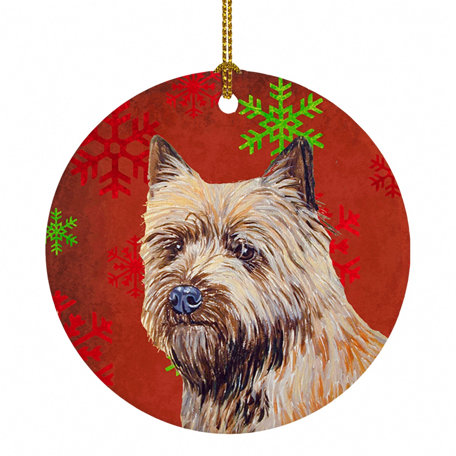 Cairn Terrier Red and Green Snowflakes Holiday Christmas Ceramic Ornament Christmas Tree Hanging Decorations for Home Christmas Holiday, Party, Gift, 3 in, Multicolor