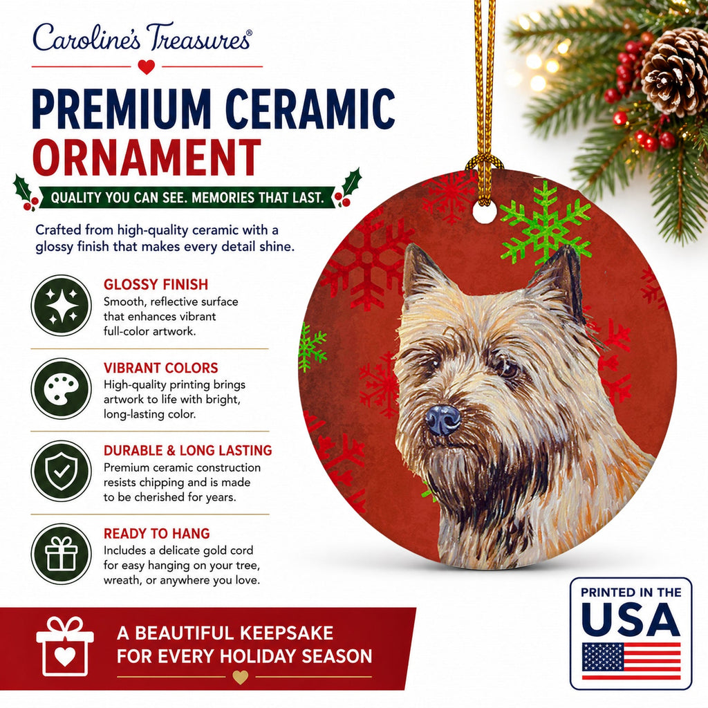 Cairn Terrier Red and Green Snowflakes Holiday Christmas Ceramic Ornament Christmas Tree Hanging Decorations for Home Christmas Holiday, Party, Gift, 3 in, Multicolor