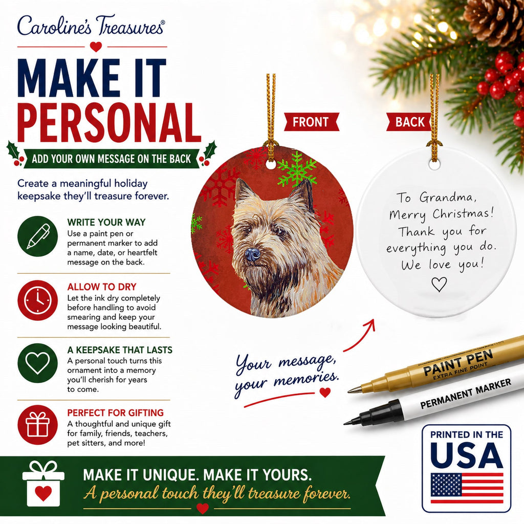Cairn Terrier Red and Green Snowflakes Holiday Christmas Ceramic Ornament Christmas Tree Hanging Decorations for Home Christmas Holiday, Party, Gift, 3 in, Multicolor