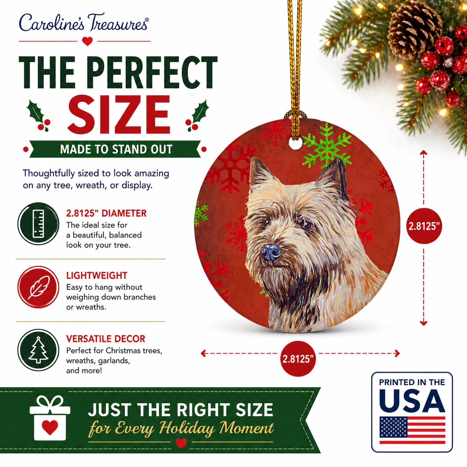 Cairn Terrier Red and Green Snowflakes Holiday Christmas Ceramic Ornament Christmas Tree Hanging Decorations for Home Christmas Holiday, Party, Gift, 3 in, Multicolor
