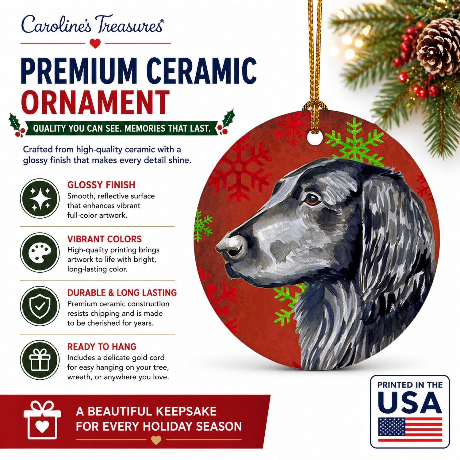 Flat Coated Retriever Red  Green Snowflakes Holiday Christmas Ceramic Ornament Christmas Tree Hanging Decorations for Home Christmas Holiday, Party, Gift, 3 in, Multicolor