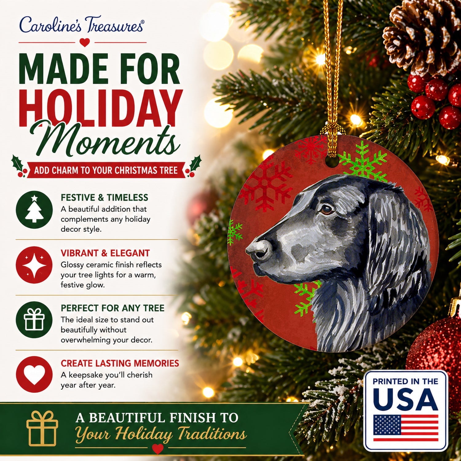 Flat Coated Retriever Red  Green Snowflakes Holiday Christmas Ceramic Ornament Christmas Tree Hanging Decorations for Home Christmas Holiday, Party, Gift, 3 in, Multicolor