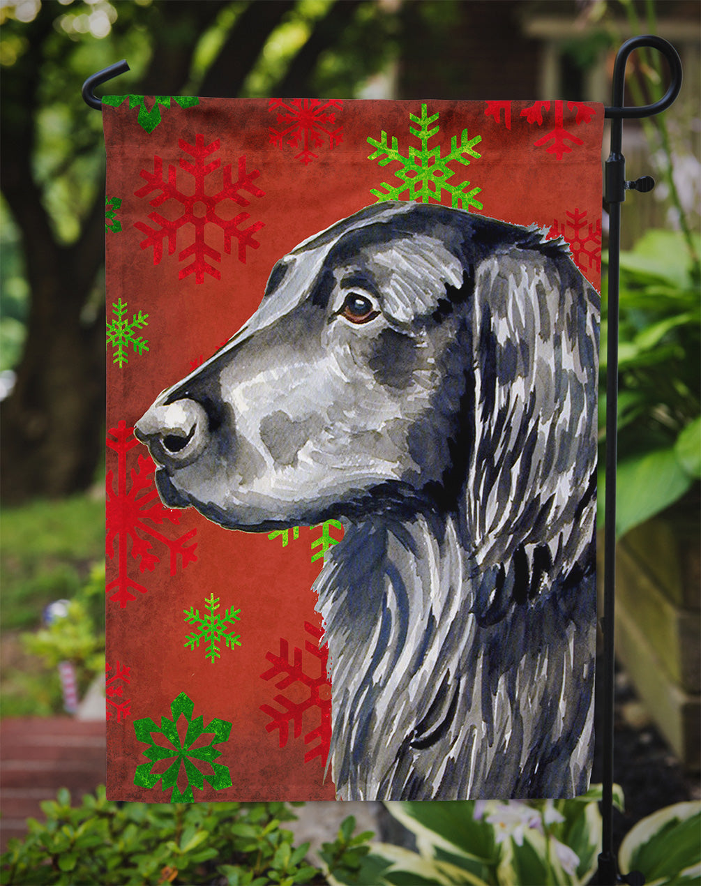 Flat Coated Retriever Red  Green Snowflakes Holiday Christmas Garden Flag Mailbox Decorative Yard Banner Outside Patio Artwork for Flower Beds, Garden Size, Multicolor