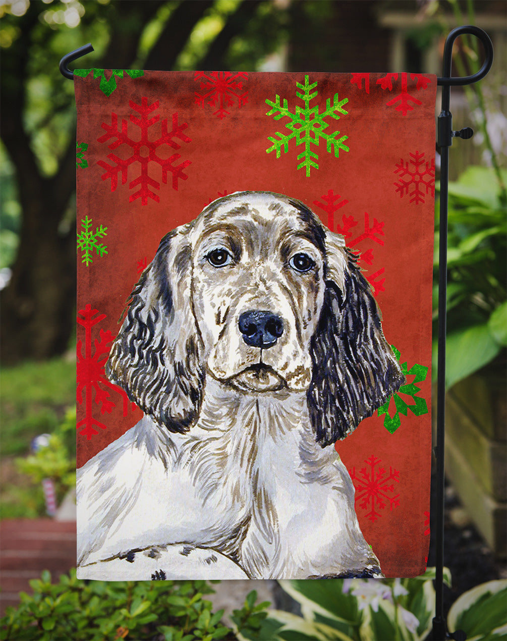 English Setter Red and Green Snowflakes Holiday Christmas Garden Flag Mailbox Decorative Yard Banner Outside Patio Artwork for Flower Beds, Garden Size, Multicolor