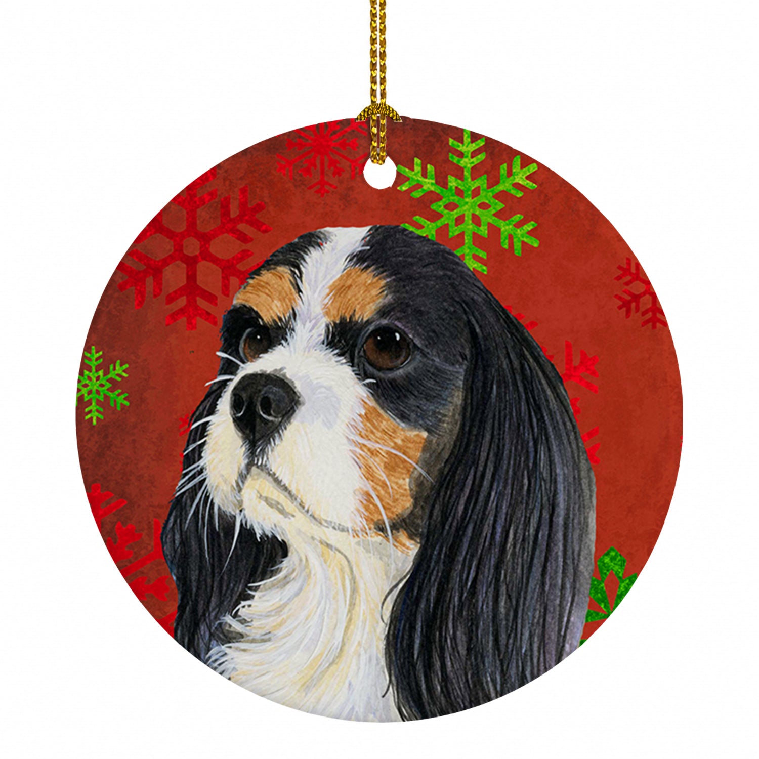 Cavalier Spaniel Red and Green Snowflakes Holiday Christmas Ceramic Ornament Christmas Tree Hanging Decorations for Home Christmas Holiday, Party, Gift, 3 in, Multicolor