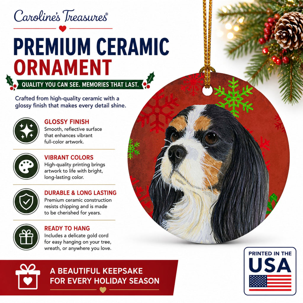 Cavalier Spaniel Red and Green Snowflakes Holiday Christmas Ceramic Ornament Christmas Tree Hanging Decorations for Home Christmas Holiday, Party, Gift, 3 in, Multicolor