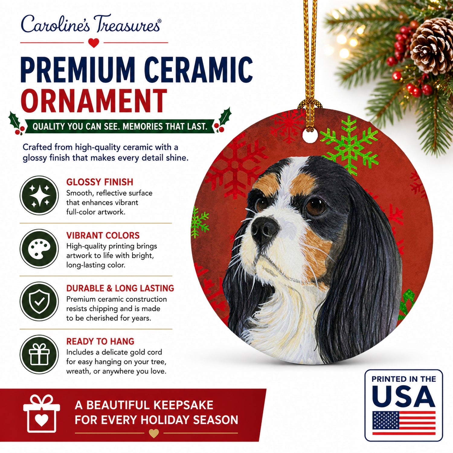 Cavalier Spaniel Red and Green Snowflakes Holiday Christmas Ceramic Ornament Christmas Tree Hanging Decorations for Home Christmas Holiday, Party, Gift, 3 in, Multicolor