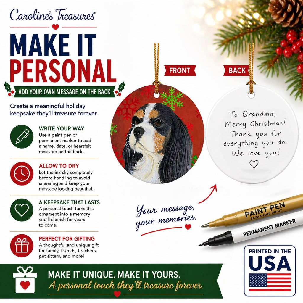 Cavalier Spaniel Red and Green Snowflakes Holiday Christmas Ceramic Ornament Christmas Tree Hanging Decorations for Home Christmas Holiday, Party, Gift, 3 in, Multicolor