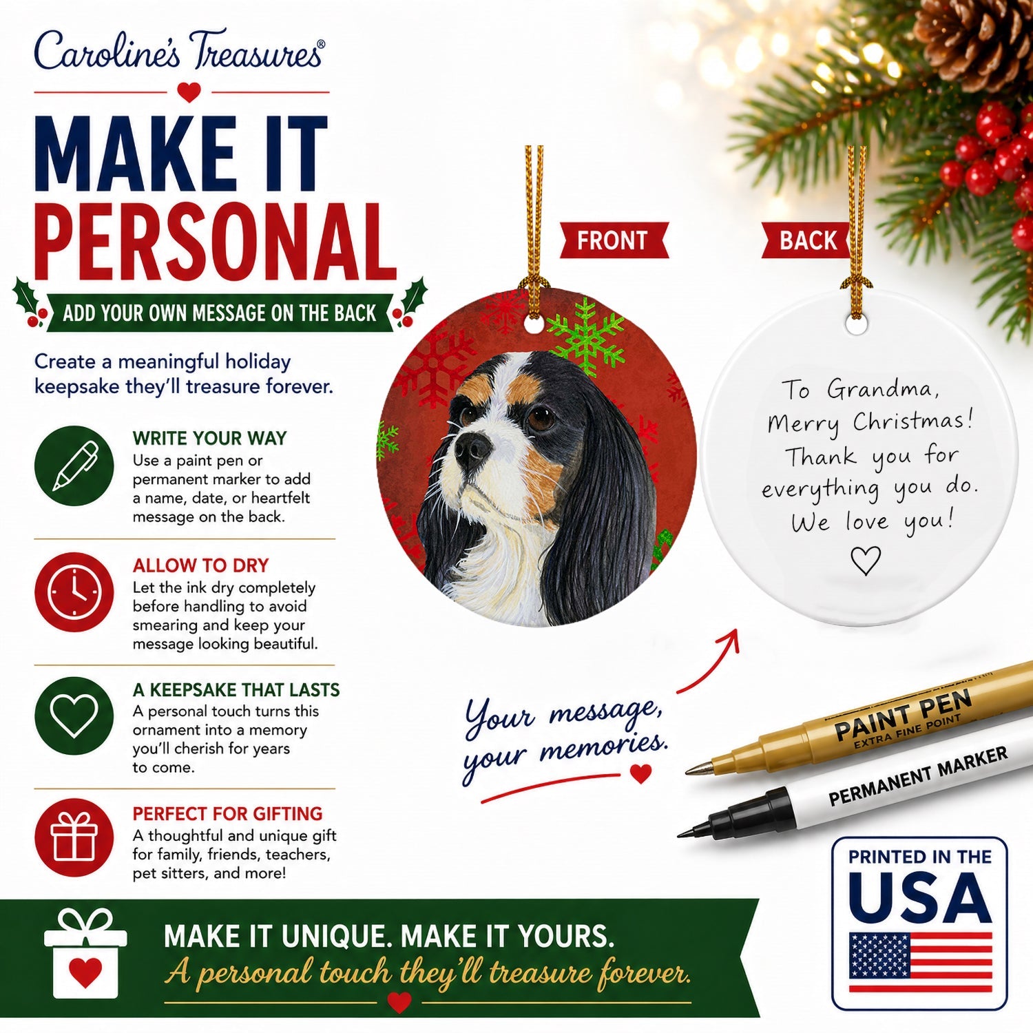 Cavalier Spaniel Red and Green Snowflakes Holiday Christmas Ceramic Ornament Christmas Tree Hanging Decorations for Home Christmas Holiday, Party, Gift, 3 in, Multicolor