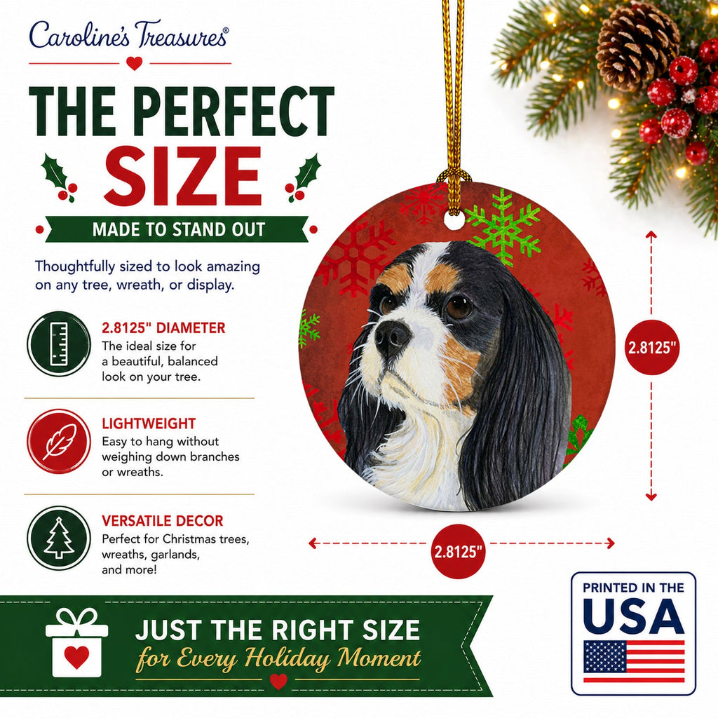 Cavalier Spaniel Red and Green Snowflakes Holiday Christmas Ceramic Ornament Christmas Tree Hanging Decorations for Home Christmas Holiday, Party, Gift, 3 in, Multicolor