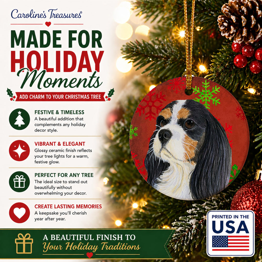 Cavalier Spaniel Red and Green Snowflakes Holiday Christmas Ceramic Ornament Christmas Tree Hanging Decorations for Home Christmas Holiday, Party, Gift, 3 in, Multicolor