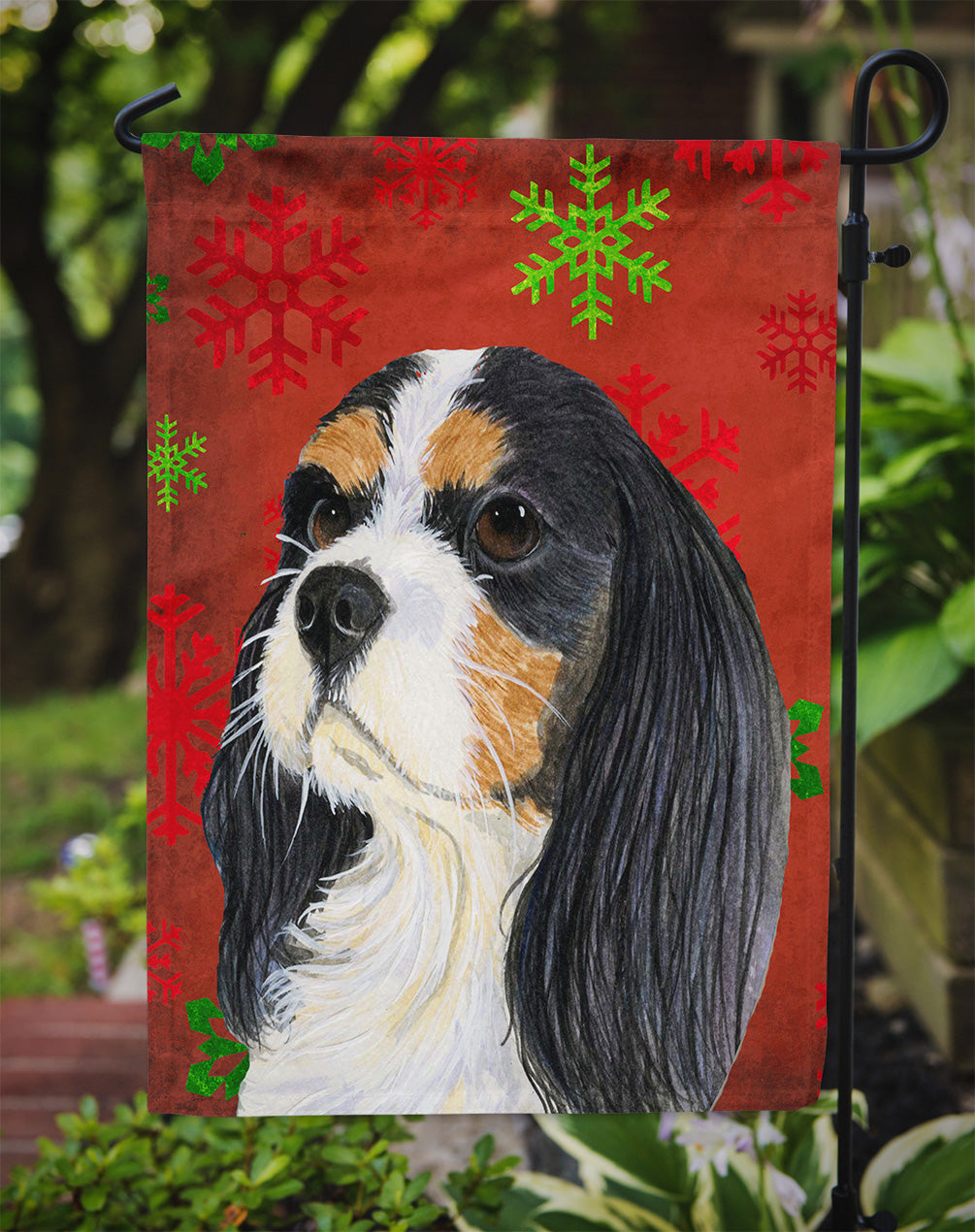 Cavalier Spaniel Red and Green Snowflakes Holiday Christmas Garden Flag Mailbox Decorative Yard Banner Outside Patio Artwork for Flower Beds, Garden Size, Multicolor