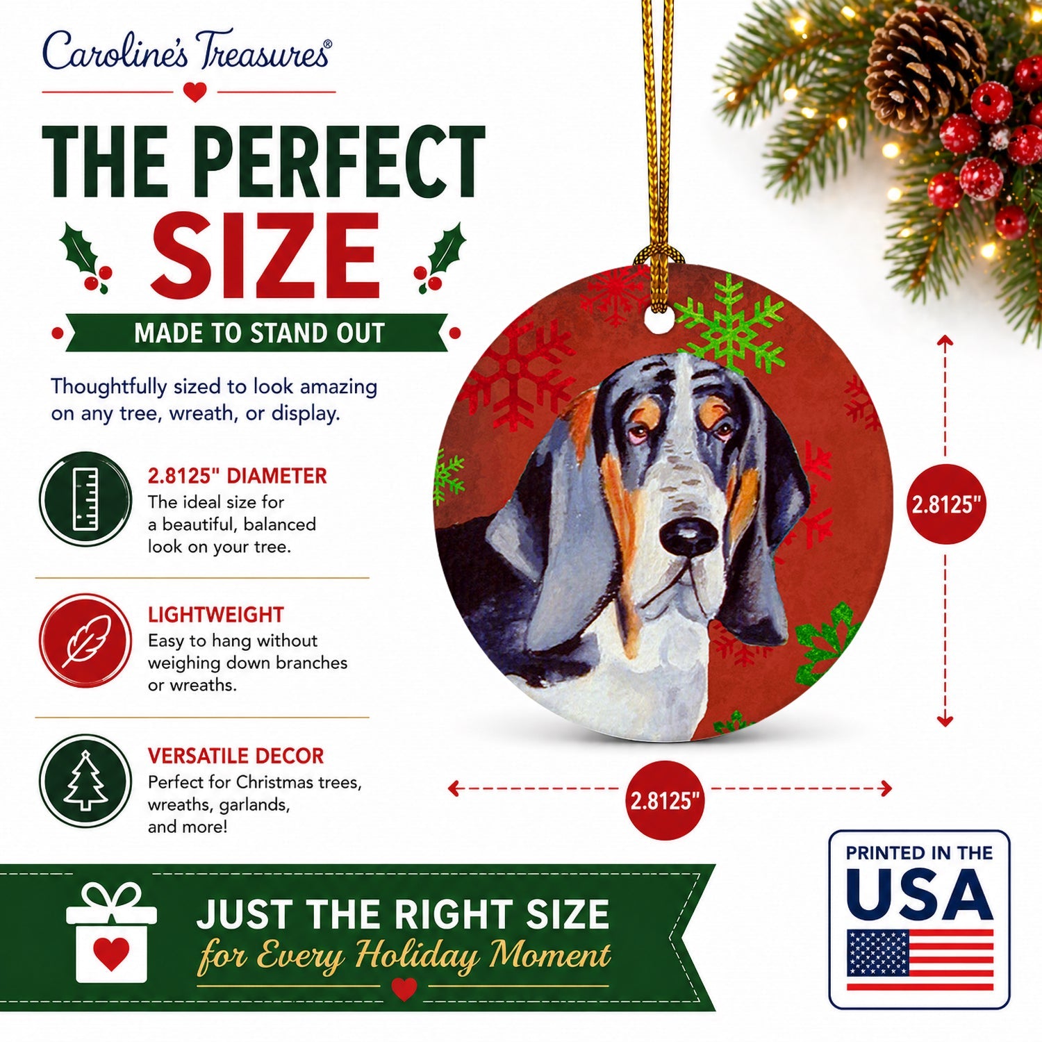 Basset Hound Red and Green Snowflakes Holiday Christmas Ceramic Ornament Christmas Tree Hanging Decorations for Home Christmas Holiday, Party, Gift, 3 in, Multicolor