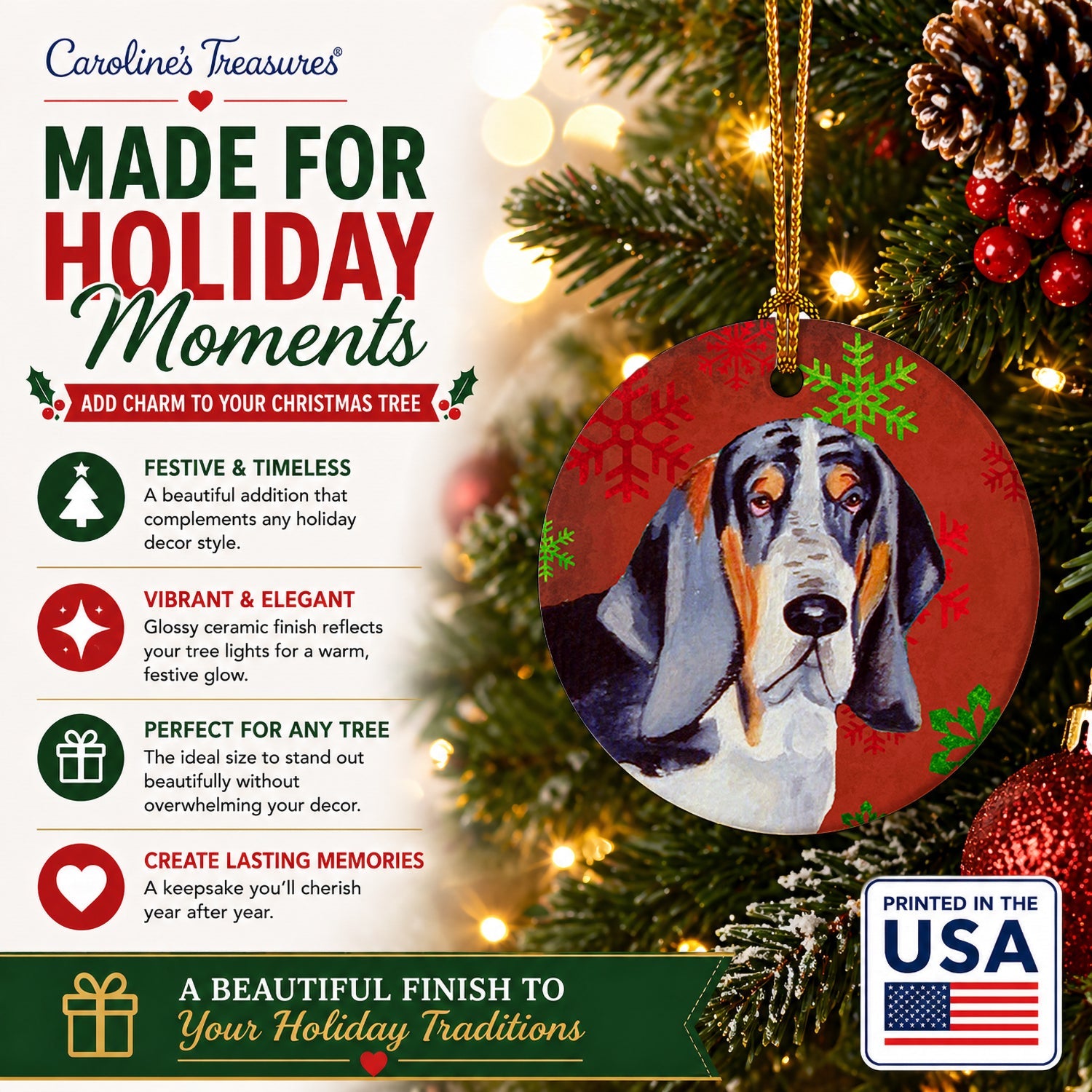 Basset Hound Red and Green Snowflakes Holiday Christmas Ceramic Ornament Christmas Tree Hanging Decorations for Home Christmas Holiday, Party, Gift, 3 in, Multicolor