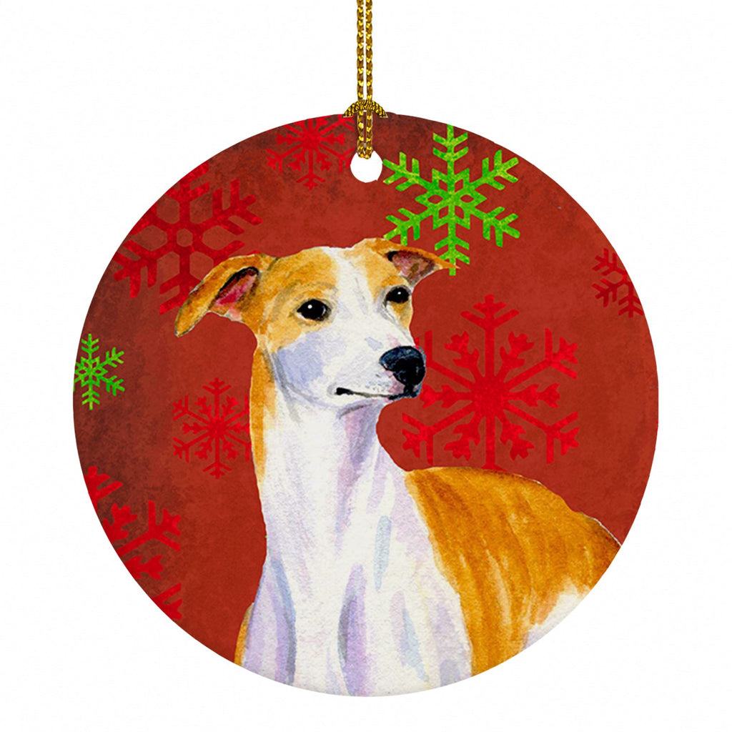 Whippet Red and Green Snowflakes Holiday Christmas Ceramic Ornament Christmas Tree Hanging Decorations for Home Christmas Holiday, Party, Gift, 3 in, Multicolor