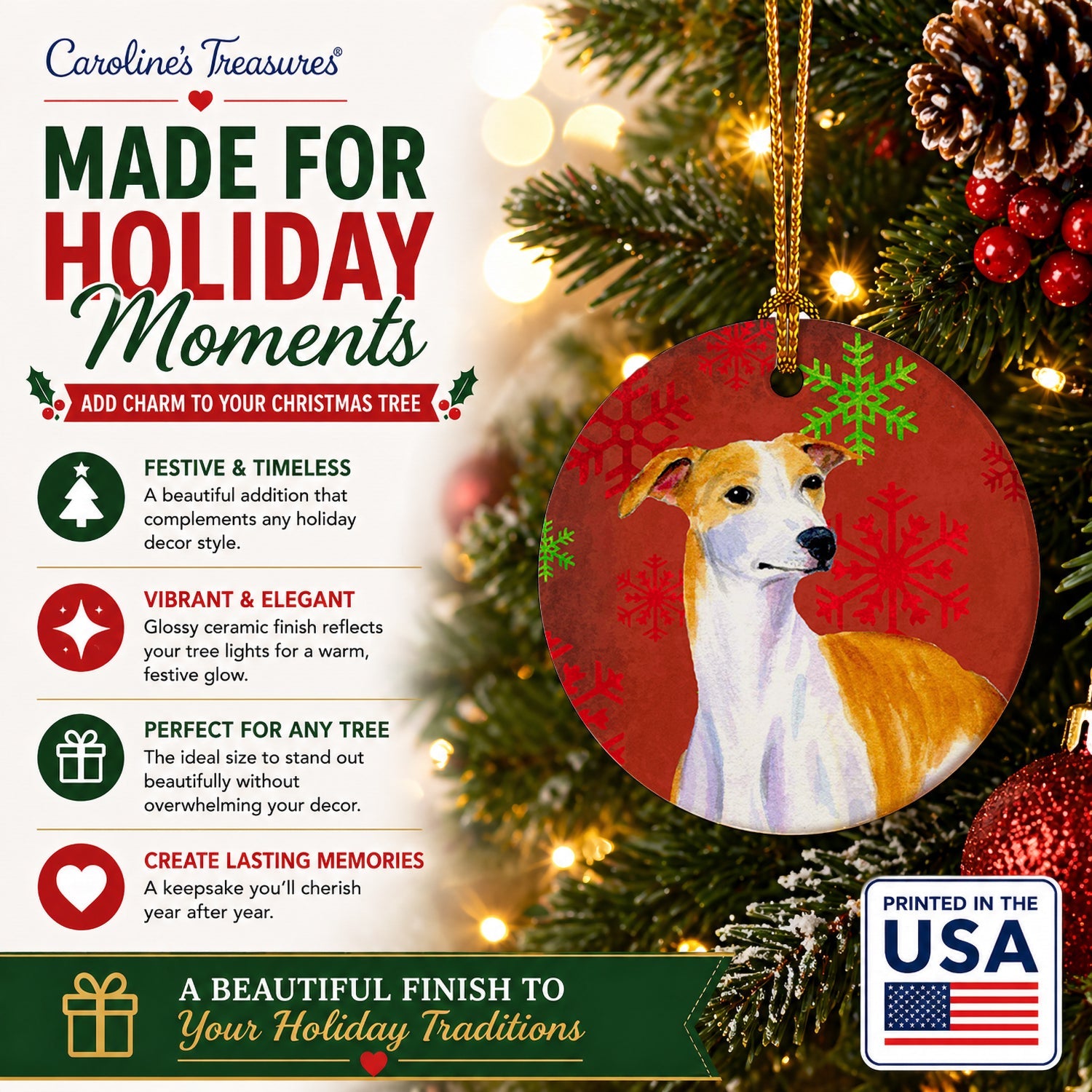Whippet Red and Green Snowflakes Holiday Christmas Ceramic Ornament Christmas Tree Hanging Decorations for Home Christmas Holiday, Party, Gift, 3 in, Multicolor