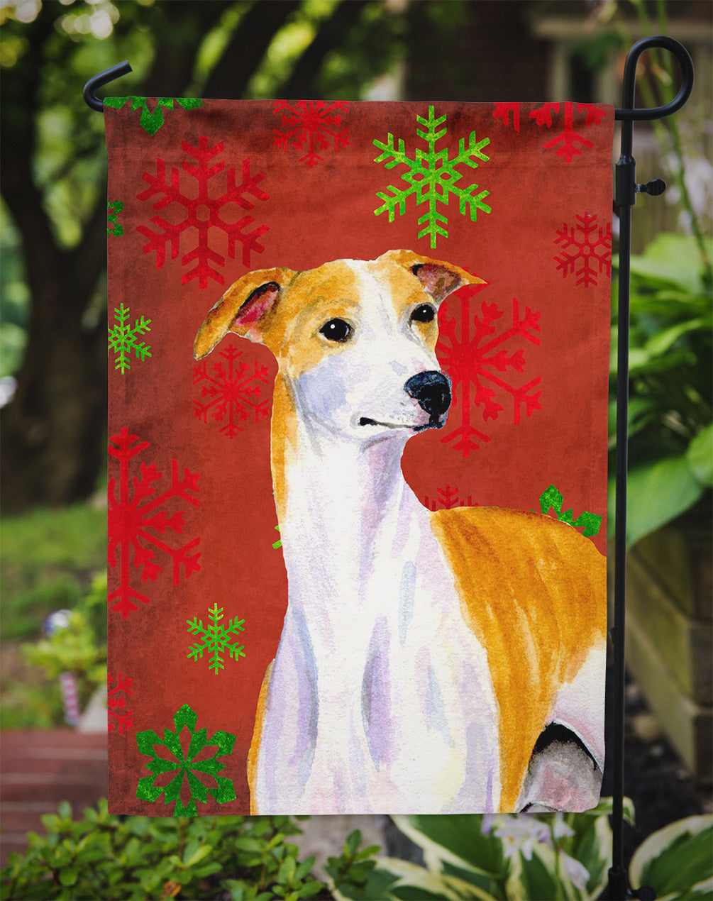 Whippet Red and Green Snowflakes Holiday Christmas Garden Flag Mailbox Decorative Yard Banner Outside Patio Artwork for Flower Beds, Garden Size, Multicolor