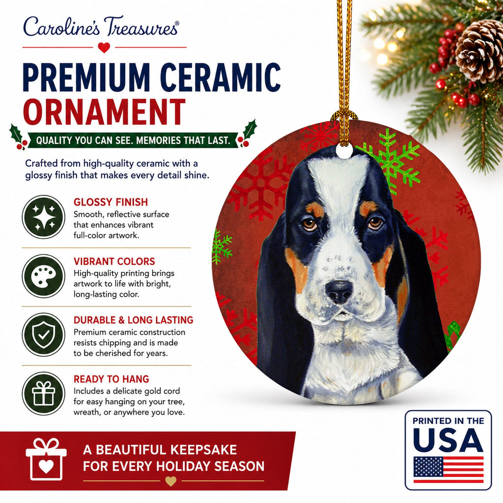 Basset Hound Red and Green Snowflakes Holiday Christmas Ceramic Ornament Christmas Tree Hanging Decorations for Home Christmas Holiday, Party, Gift, 3 in, Multicolor