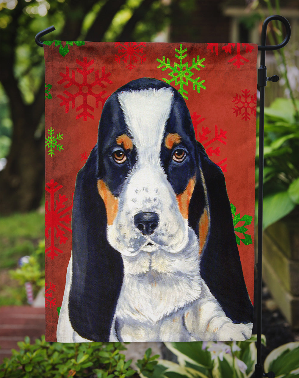 Basset Hound Red and Green Snowflakes Holiday Christmas Garden Flag Mailbox Decorative Yard Banner Outside Patio Artwork for Flower Beds, Garden Size, Multicolor