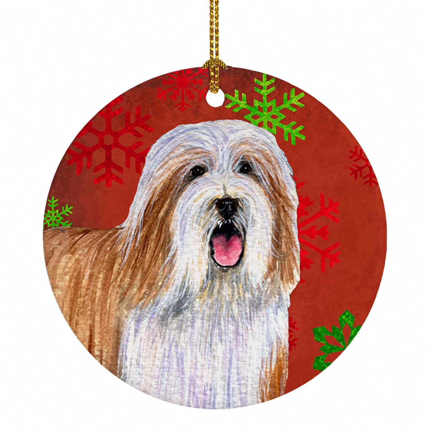 Bearded Collie Red and Green Snowflakes Holiday Christmas Ceramic Ornament Christmas Tree Hanging Decorations for Home Christmas Holiday, Party, Gift, 3 in, Multicolor