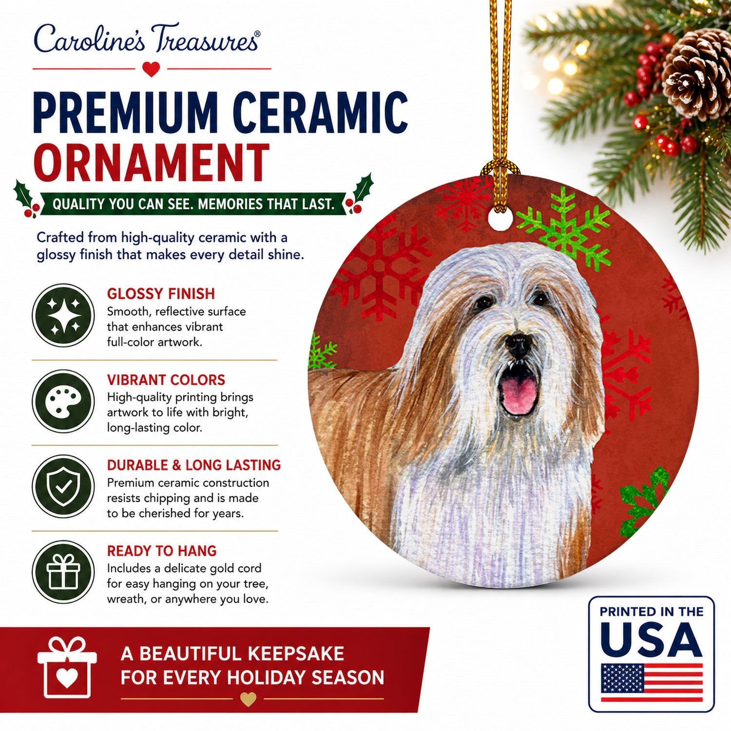 Bearded Collie Red and Green Snowflakes Holiday Christmas Ceramic Ornament Christmas Tree Hanging Decorations for Home Christmas Holiday, Party, Gift, 3 in, Multicolor