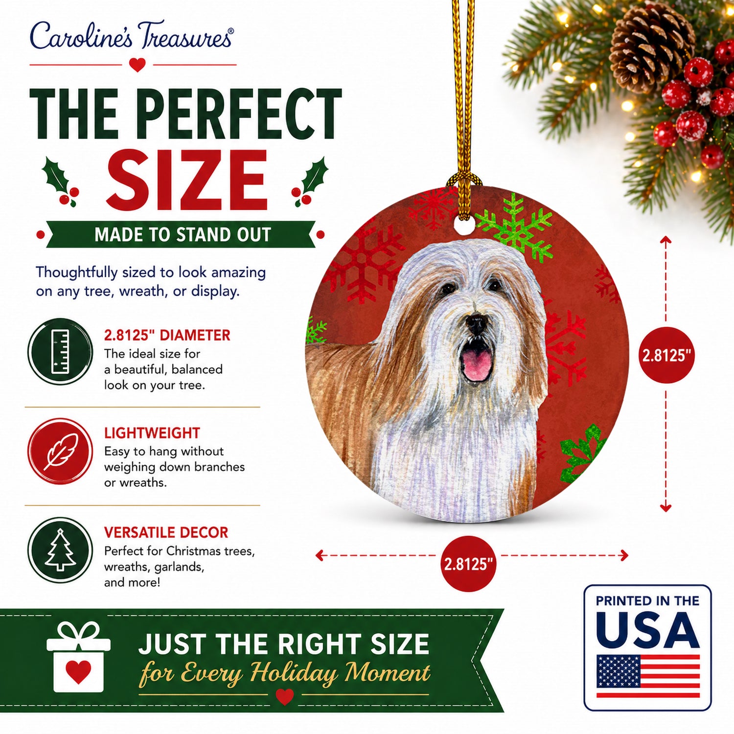 Bearded Collie Red and Green Snowflakes Holiday Christmas Ceramic Ornament Christmas Tree Hanging Decorations for Home Christmas Holiday, Party, Gift, 3 in, Multicolor