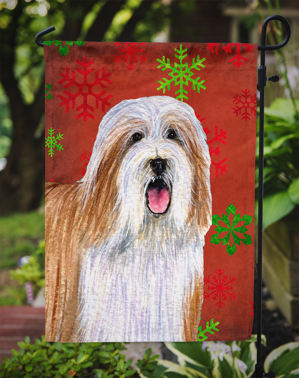 Bearded Collie Red and Green Snowflakes Holiday Christmas Garden Flag Mailbox Decorative Yard Banner Outside Patio Artwork for Flower Beds, Garden Size, Multicolor
