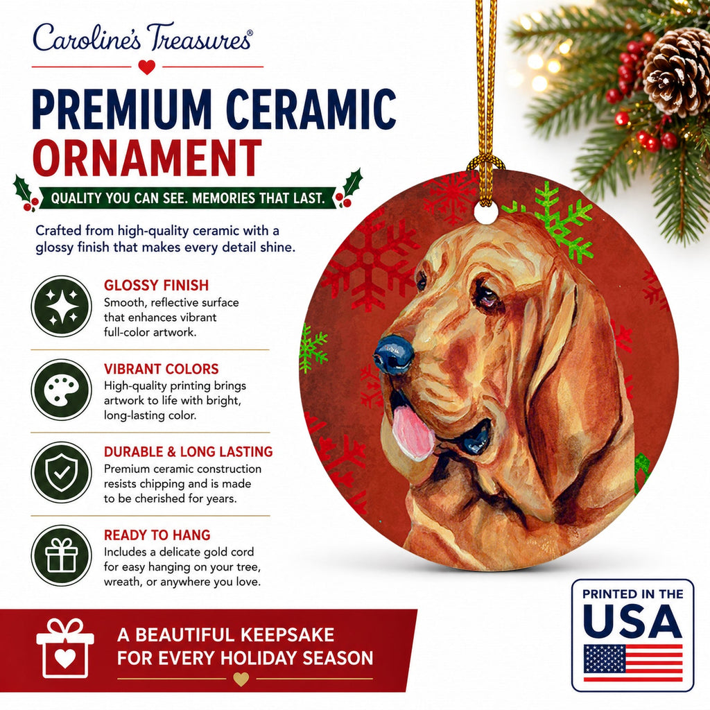Bloodhound Red and Green Snowflakes Holiday Christmas Ceramic Ornament Christmas Tree Hanging Decorations for Home Christmas Holiday, Party, Gift, 3 in, Multicolor
