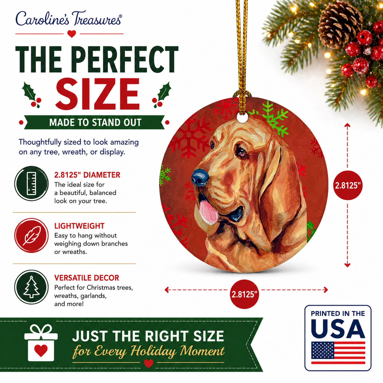 Bloodhound Red and Green Snowflakes Holiday Christmas Ceramic Ornament Christmas Tree Hanging Decorations for Home Christmas Holiday, Party, Gift, 3 in, Multicolor
